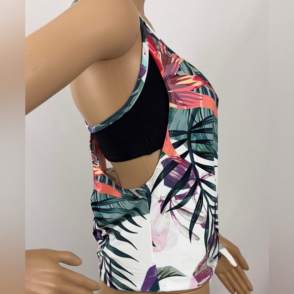 CALIA Tropical Print Scoop Neck Layered Tankini Top Built in Black Shelf Bra XS - Picture 3 of 10